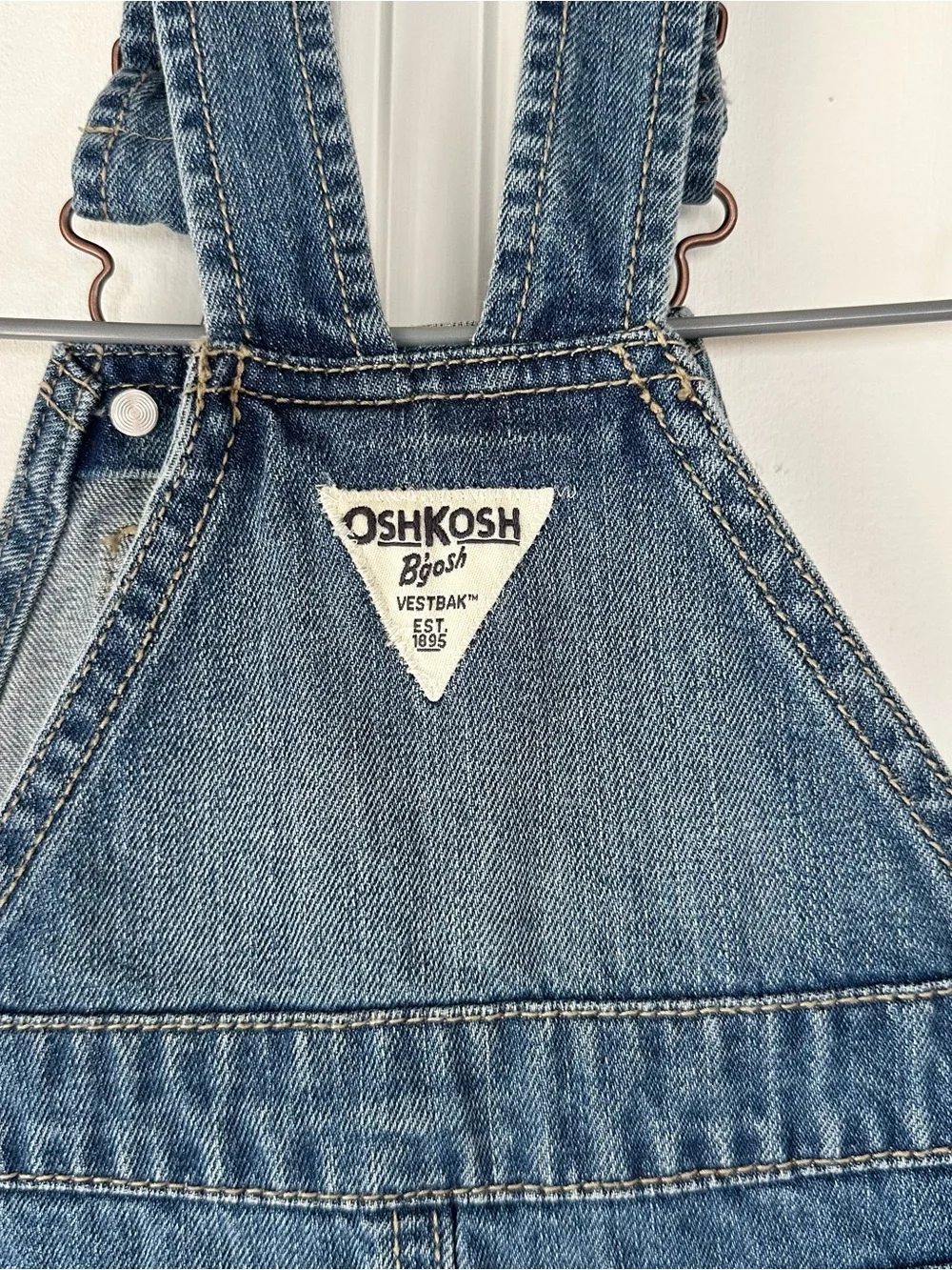 OshKosh B'gosh 12M Blue Denim Short Overalls with Floral Trim
